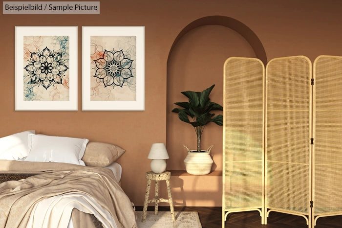 Cozy bedroom with arch, two framed mandala prints, woven room divider, and a potted plant beside a bed.