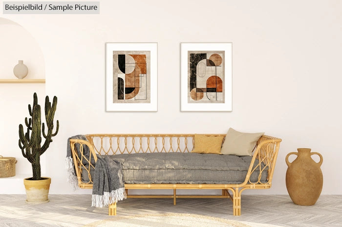 Cozy living room with wicker sofa, cactus plant, abstract wall art, and decorative vase.