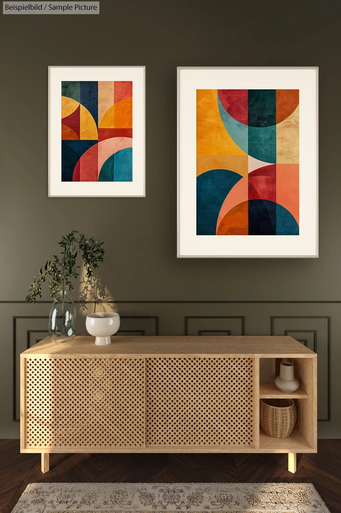 Modern interior with geometric abstract art prints in white frames on green wall, wooden sideboard, and plant decor.