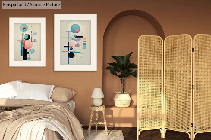 Beige bedroom with abstract art, plant, and wicker screen divider against a brown wall.