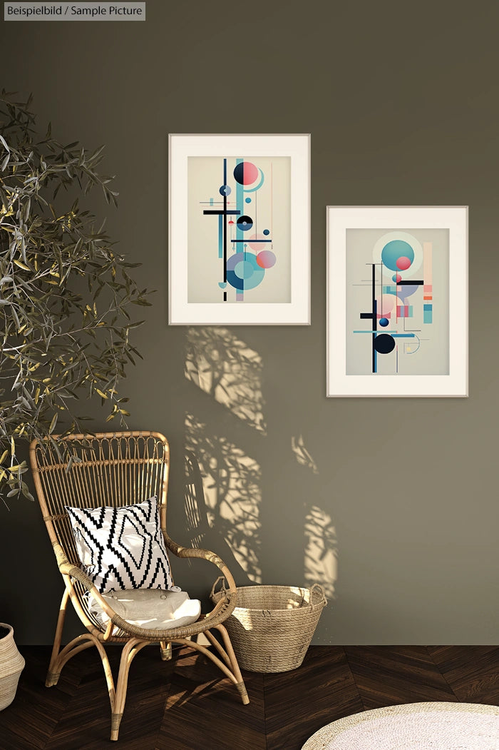 Interior room with rattan chair, geometric abstract art, wall decor, and plant, creating a cozy, modern vibe.