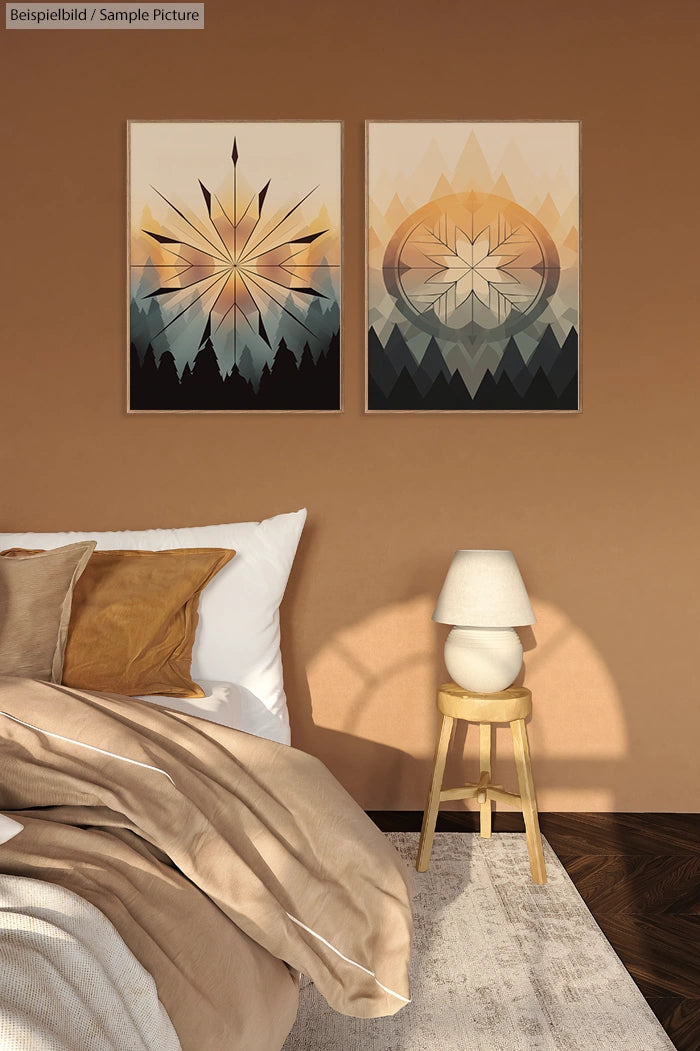 Cozy bedroom with warm brown tones, abstract geometric artworks on the wall, and a small lamp on a wooden stool.