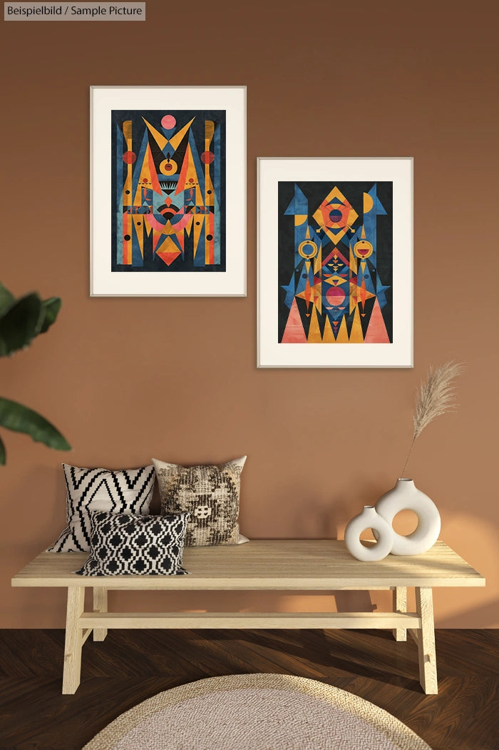 modern abstract art prints with geometric patterns in a minimalist room with a wooden bench and decorative cushions