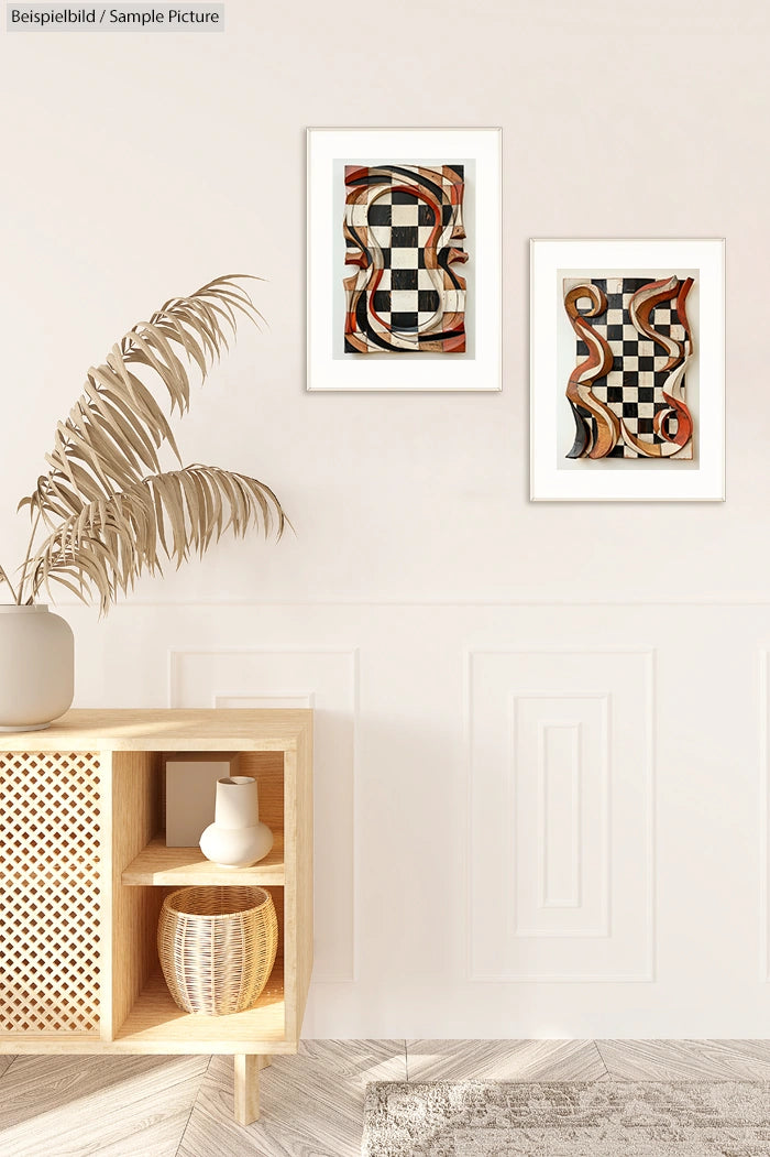 Modern living room with abstract art, light wood console, and decorative plant in minimalist style.