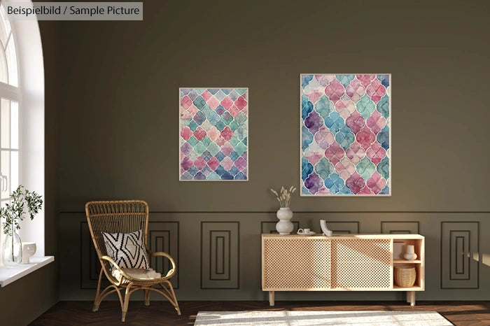 Room with wicker chair, wood console, and mosaic-patterned wall art in a neutral-toned setting.