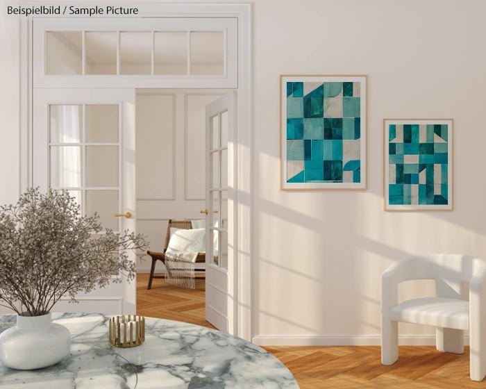 Modern living room with marble table, abstract teal artwork, and a white chair.