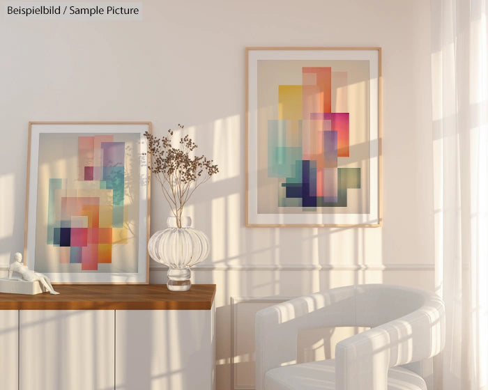 Modern living room with abstract colorful artworks, glass vase on wooden shelf, and a white armchair.