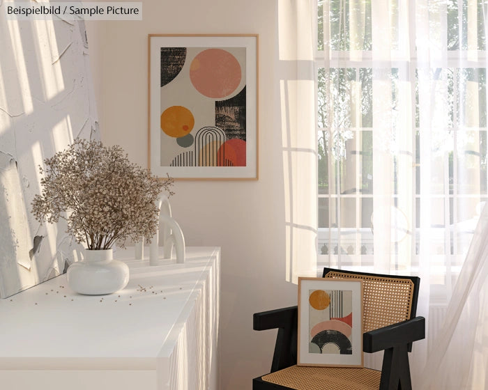 Sunlit room with abstract art in frames, white furniture, dried flowers in vase, and a woven chair.