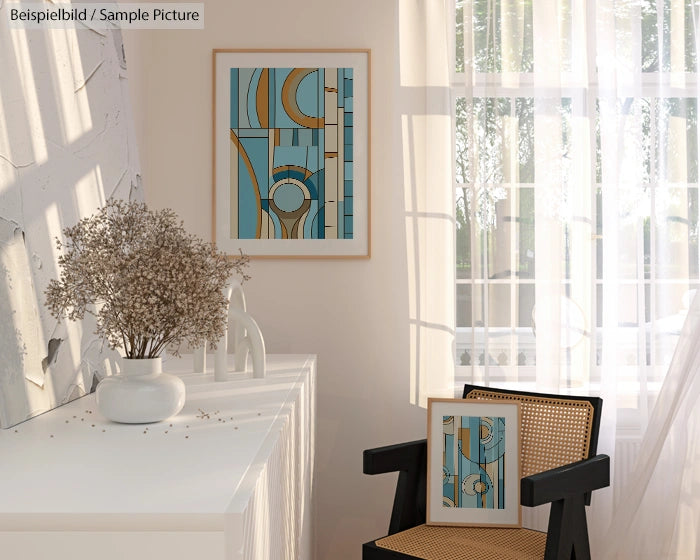 Modern room with abstract art, vase with dried flowers on table, light filtering through sheer white curtains.