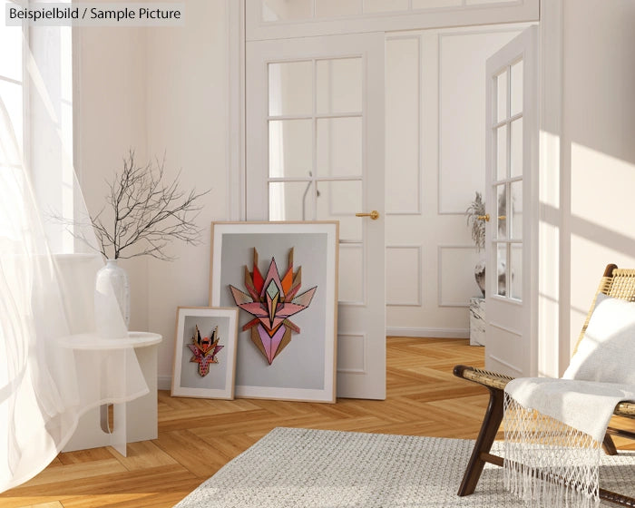 Bright room with wooden floor, two abstract paintings on easel, wicker chair, and white vase on a table.