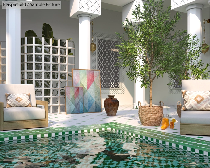 Elegant outdoor space with mosaic pool, wooden chairs, and potted plants. Vibrant artwork leans against tiled wall.