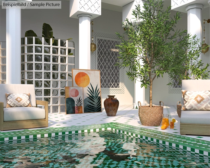 Elegant patio with green-tiled pool, cushioned chairs, potted tree, and abstract art near geometric screen walls.