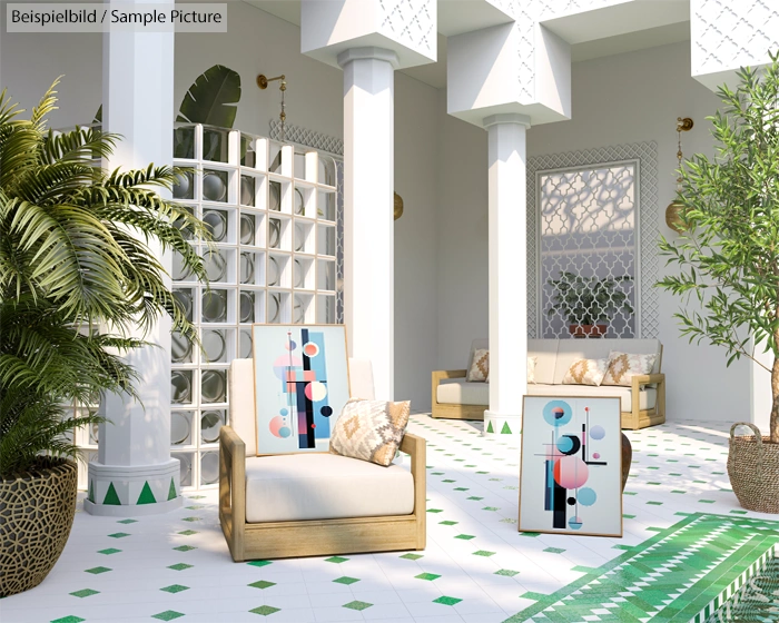 Modern terrace with geometric art, white tiles, and green accents. Wood furniture and lush plants surround the space.