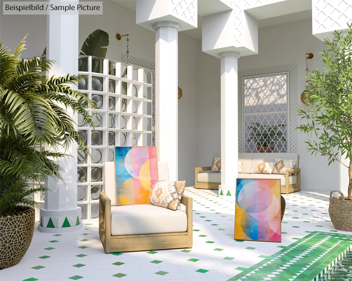 Modern patio with geometric art, woven seating, and lush plants under a shaded trellis.