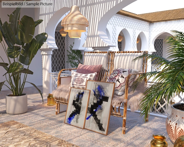 Stylish patio with wicker chairs, cozy cushions, abstract art, and lush plants in a sunlit, exotic courtyard setting.