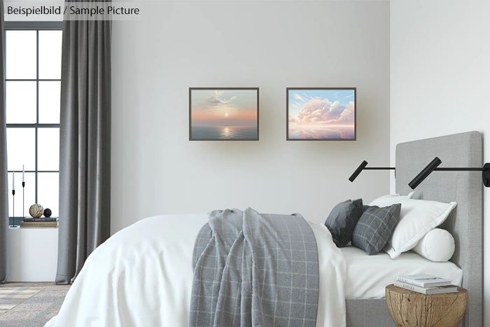 Modern bedroom with grey bedding, wall art, and a large window.