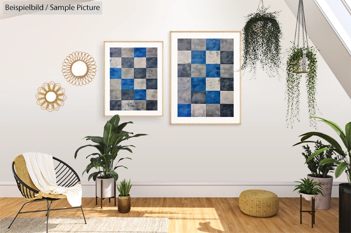 Stylish living room with checkered art, plants, and modern decor under skylight.