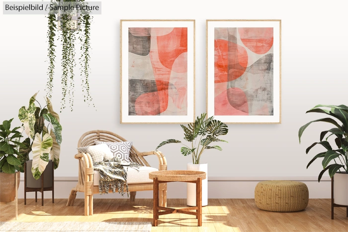 Cozy living room with abstract art, plants, rattan chair, and woven decor.