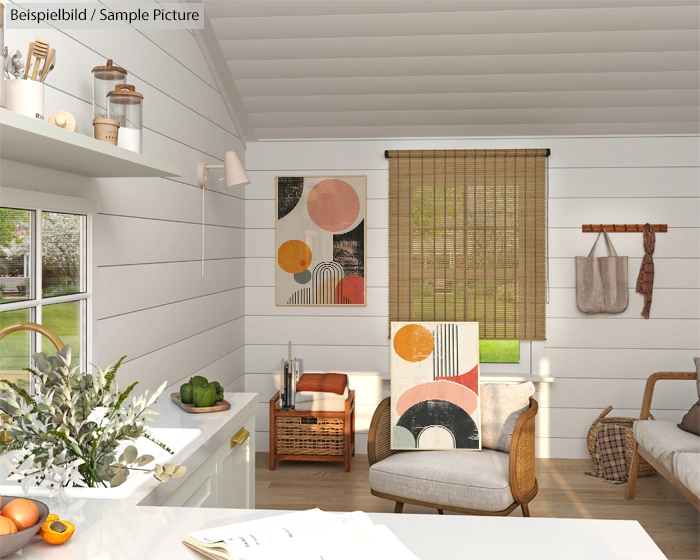 Cozy living room with abstract art, wicker chair, wooden blinds, and bright decor accents on white panel walls.