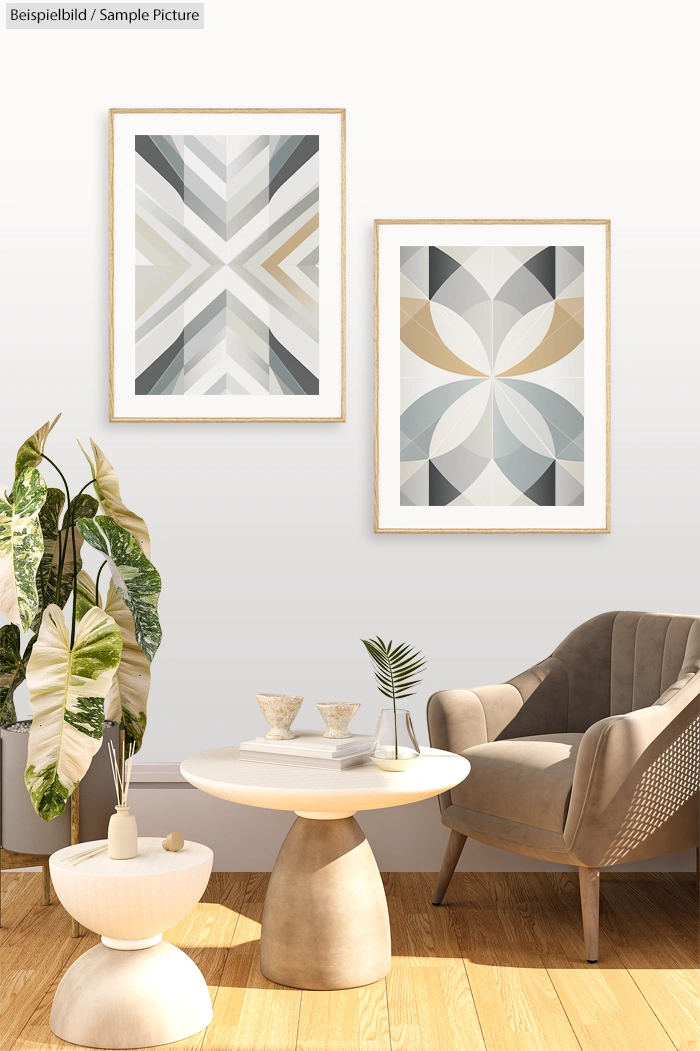 Modern living room with abstract geometric art, beige armchair, round table, and potted plants.