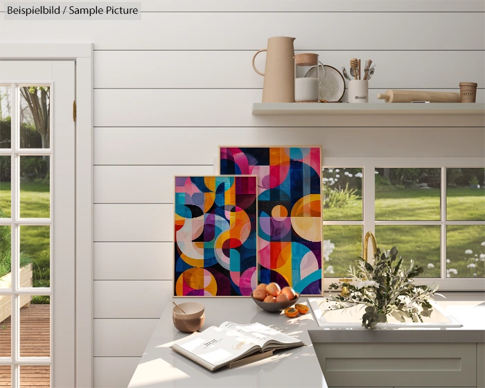 Kitchen counter with two colorful geometric abstract paintings, fruit bowl, and outdoor garden view through window.