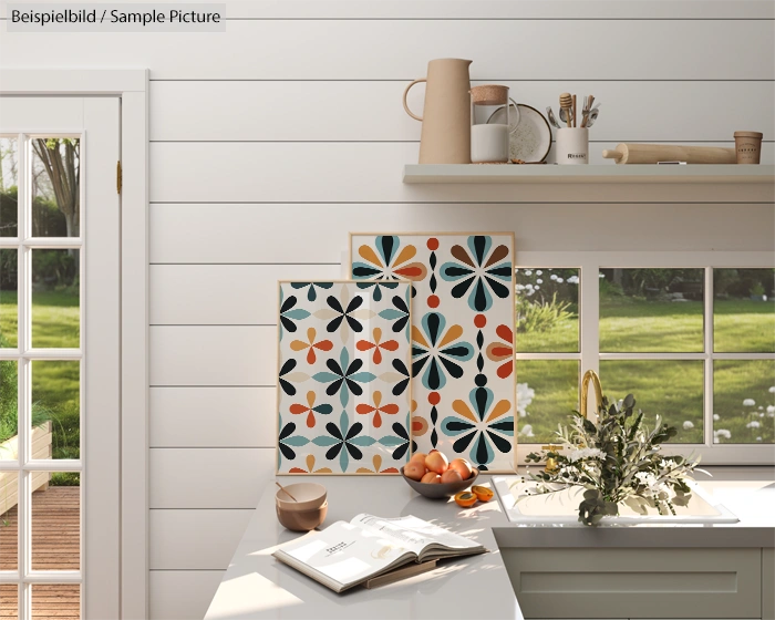 A sunny kitchen with two colorful geometric paintings, a vase, and fruit on the counter beside an open book.