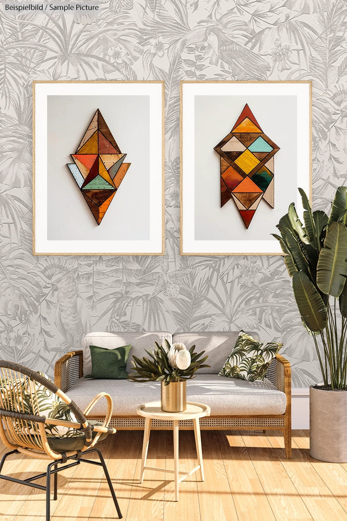 Stylish living room with geometric wall art, wicker sofa, botanical cushions, and potted plants against a floral wallpaper.