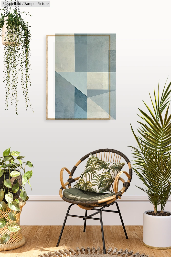 Modern living room with abstract geometric art, tropical plants, and rattan chair with a green patterned cushion.