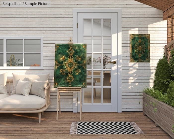 Outdoor setup with green abstract painting on an easel next to a white door, wicker furniture, and a patterned rug.