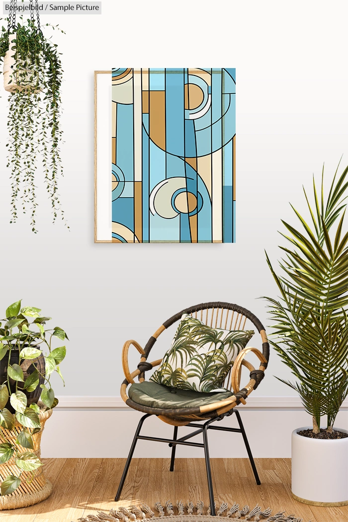 Modern interior with abstract geometric art, wicker chair, and lush green plants on wooden floor.