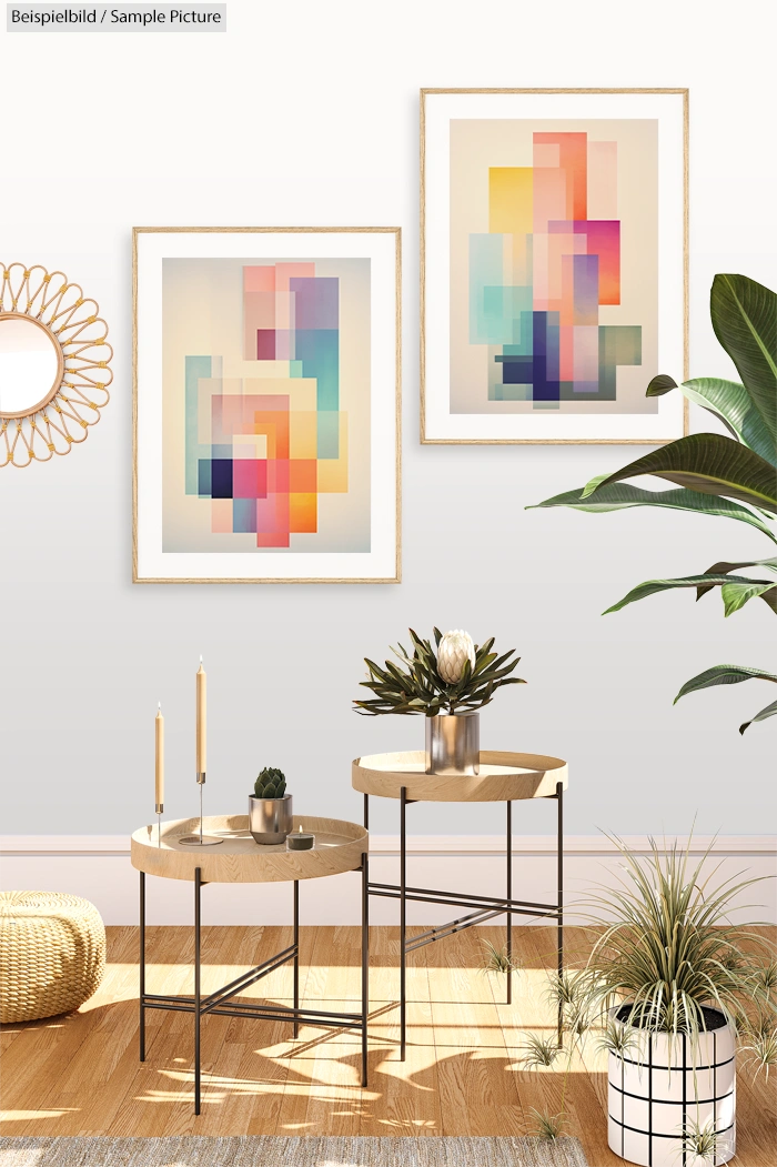 Modern living room with abstract art, round wooden tables, candles, potted plants, and a decorative sunburst mirror.