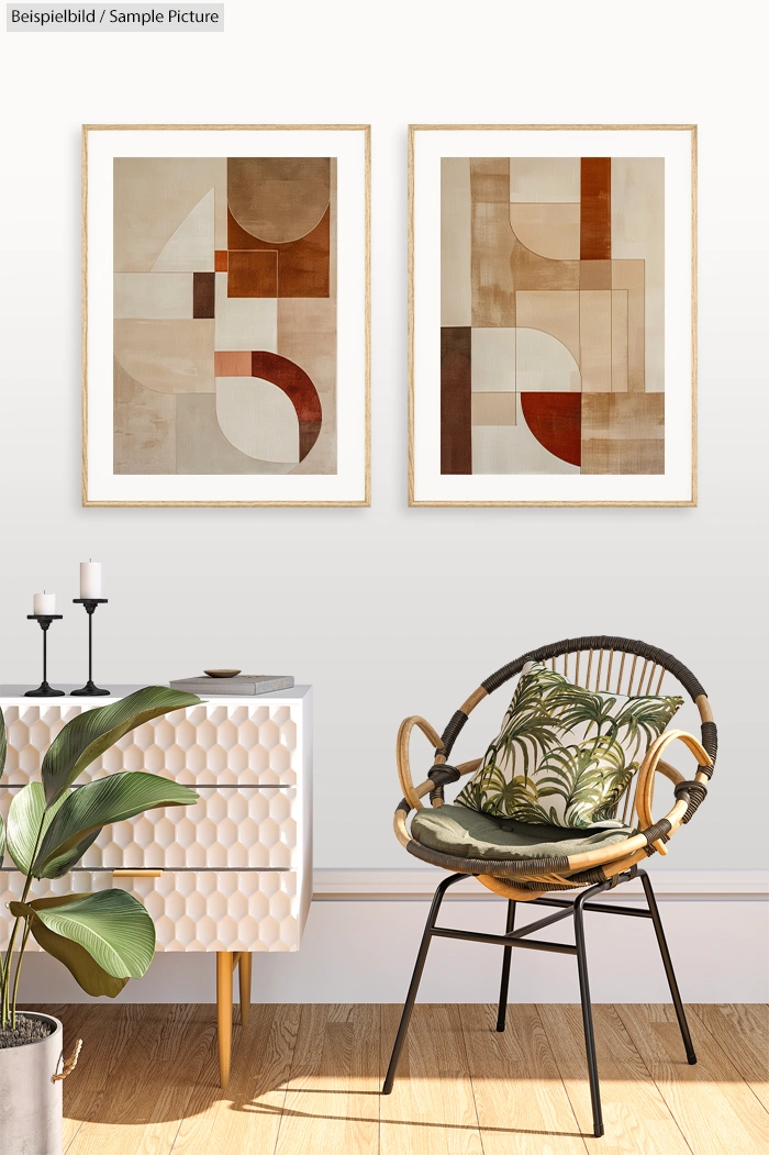 Modern living room with abstract art, white side table, candles, potted plant, and wicker chair with cushion.