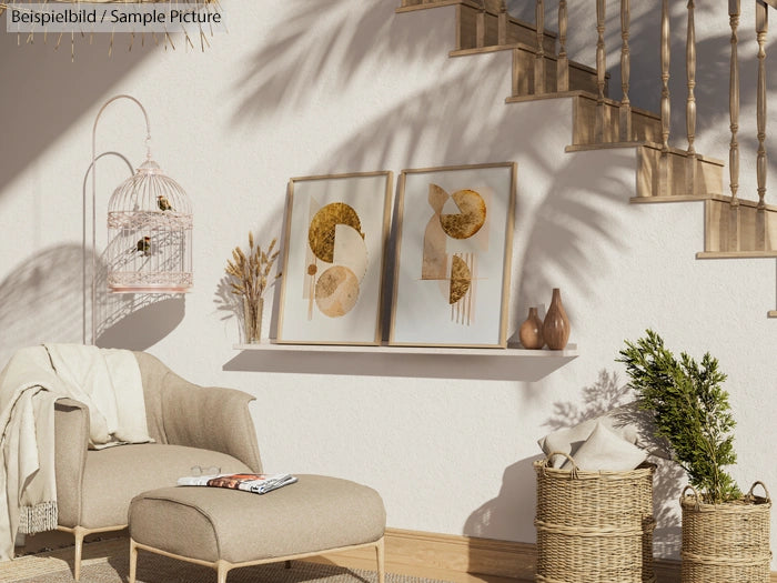 Cozy living room with abstract wall art, neutral armchair, ottoman, and decorative plants under staircase.