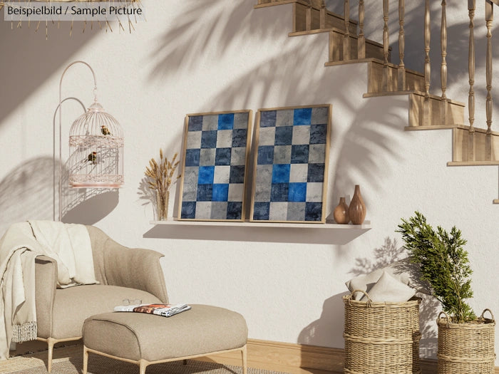 Cozy living room with armchair, checkered blue wall art, plants, and wicker baskets on a wooden floor.