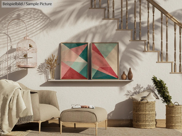 Modern interior with geometric art, wicker baskets, a pink birdcage, and cozy seating under a staircase.