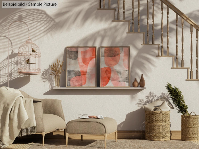 Modern living room decor with geometric abstract paintings, beige armchair, and wicker baskets under a wooden staircase.