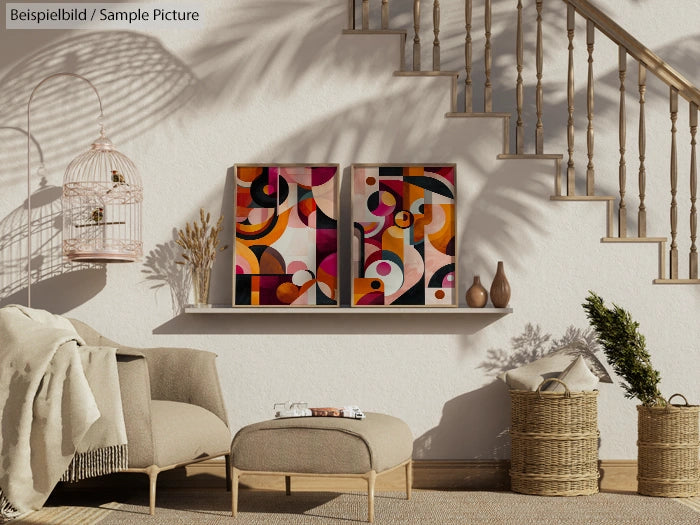 Modern living room with abstract art, wicker baskets, and cozy seating under a rustic stairway.