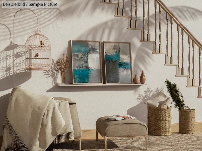 Cozy living space with abstract paintings, sunlight, birdcage, and wicker baskets, creating a warm, inviting atmosphere.