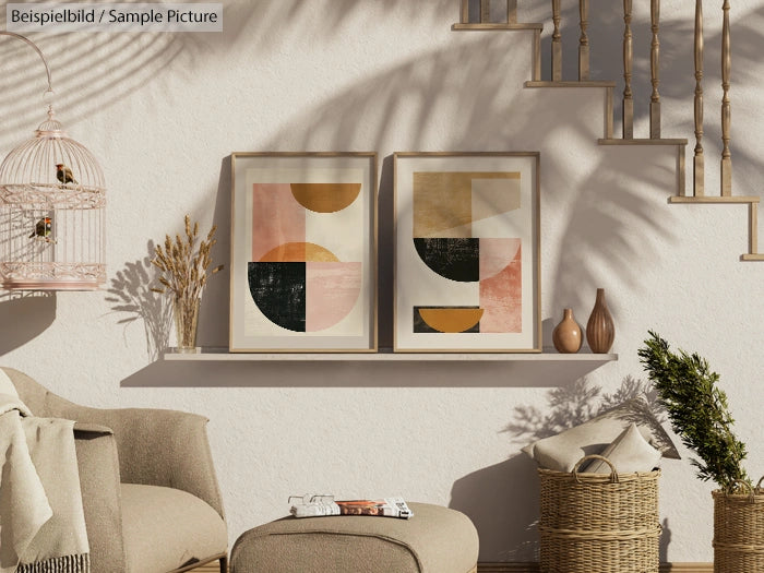 Cozy living space with abstract art, birdcage, basket, and plants on beige background.