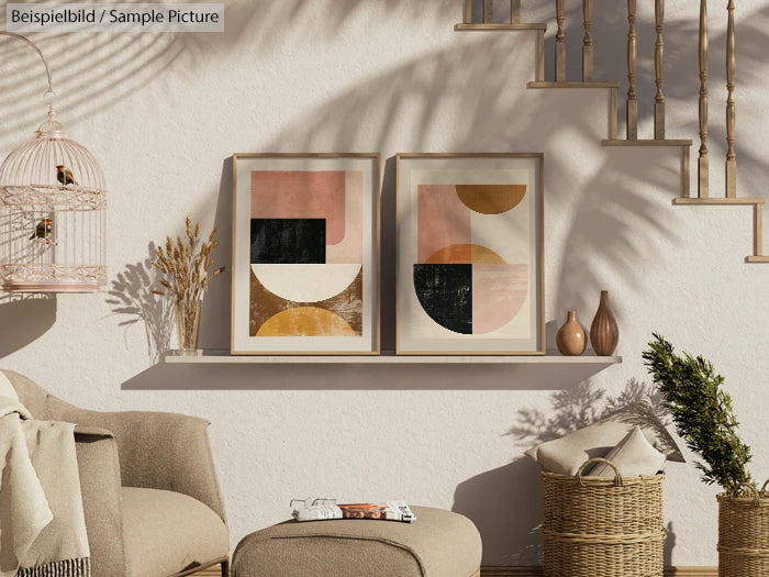 Cozy living room with abstract art, wicker baskets, armchair, dried plants, and birdcage on a beige wall.