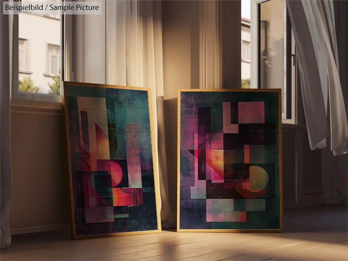 Two abstract paintings with geometric shapes and vibrant colors displayed against a window with sheer curtains.