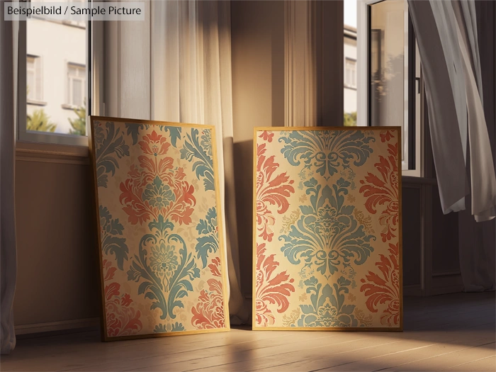 Two ornate wallpaper samples with floral patterns in blue and red, leaning against sunlit window curtains on wood floor.