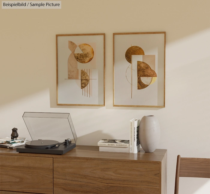 Minimalist interior with two abstract art pieces, record player, books, vase on wooden cabinet against cream wall.