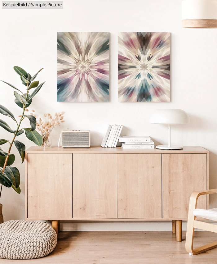 Modern living room with abstract artwork, wooden sideboard, books, and a potted plant.