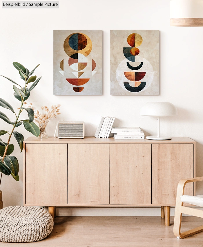 Modern living room with geometric art, wooden sideboard, potted plant, books, and a lamp.