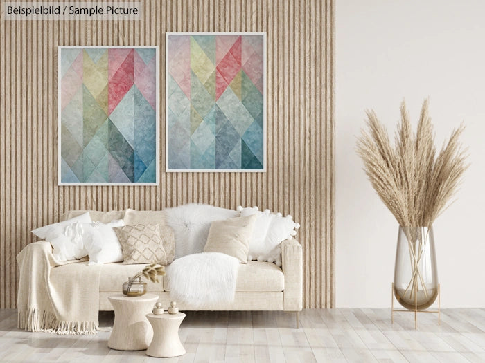 Modern living room with geometric art, beige sofa, textured wall, and a tall vase with pampas grass.