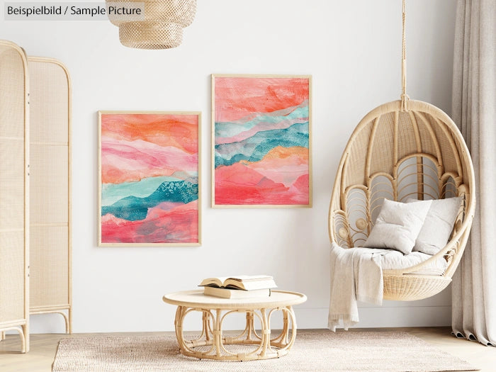 Modern living room with abstract pink and teal paintings on wall, hanging rattan chair, and round coffee table.