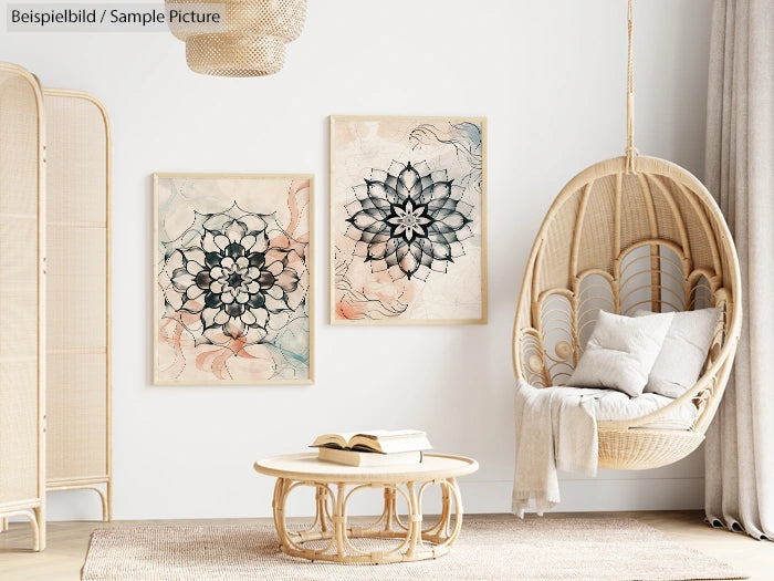 Bohemian living room with wicker chair, round table, and two framed geometric mandala artworks on the wall.