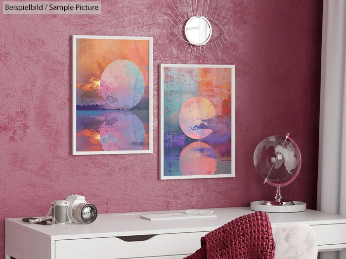 Modern room decor with abstract sunset paintings, globe, and a camera on a white desk against a textured pink wall.