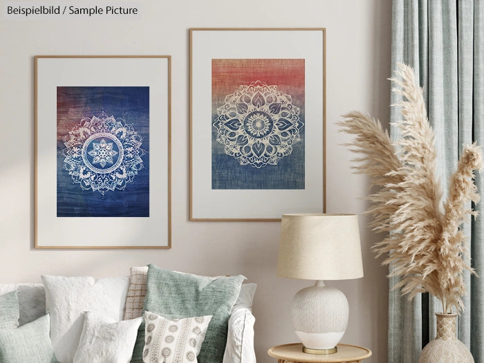 Modern living room with two framed mandala art prints, beige lamp, and pampas grass beside grey couch with cushions.